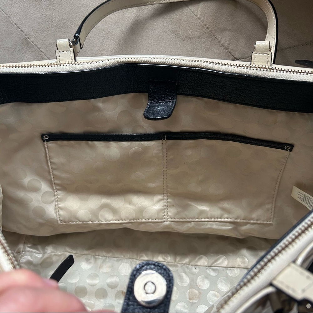 Kate Spade Cream Black Patent Leather Color block Satchel Tote Purse Handbag - Picture 10 of 15